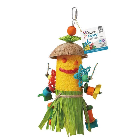 Colorful bird toy with straw hut, grass skirt, and interactive elements for parrot play and enrichment