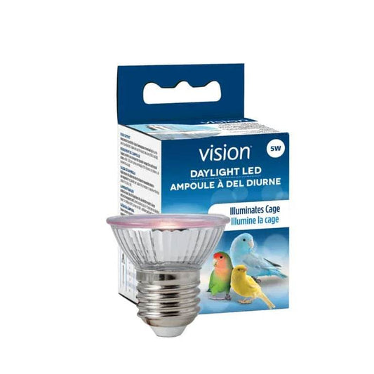 Vision daylight LED bulb for bird cages, illuminates aviary with natural light, safe for pet birds