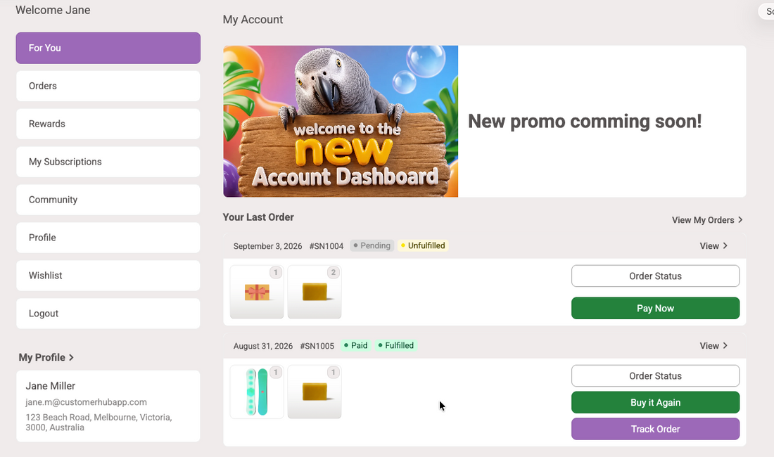 New Avian Haven Account Dashboard