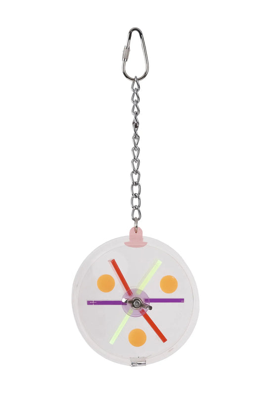 A minimalist analog clock with a clear circular face, colorful geometric hands, and a silver carabiner at the top, shown against a plain white background.