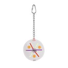 A minimalist analog clock with a clear circular face, colorful geometric hands, and a silver carabiner at the top, shown against a plain white background.