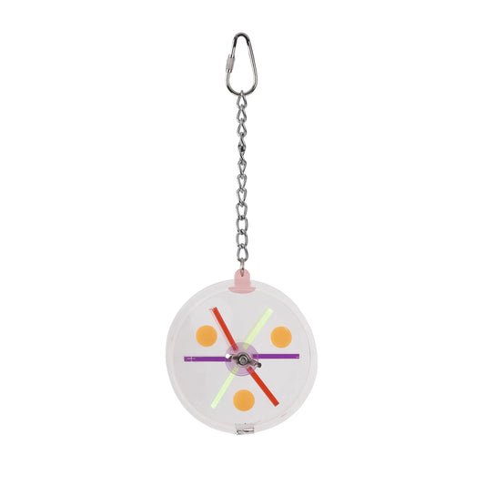 A minimalist analog clock with a clear circular face, colorful geometric hands, and a silver carabiner at the top, shown against a plain white background.