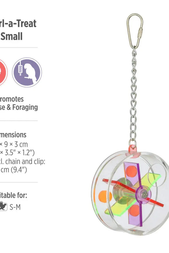 A small Whirl-a-Treat exercise wheel keychain shown on a white background with product text and icons. The clear spherical cage contains a multicolor wind-up fan with red, orange, yellow, green, and purple blades, attached to a silver chain and clip.