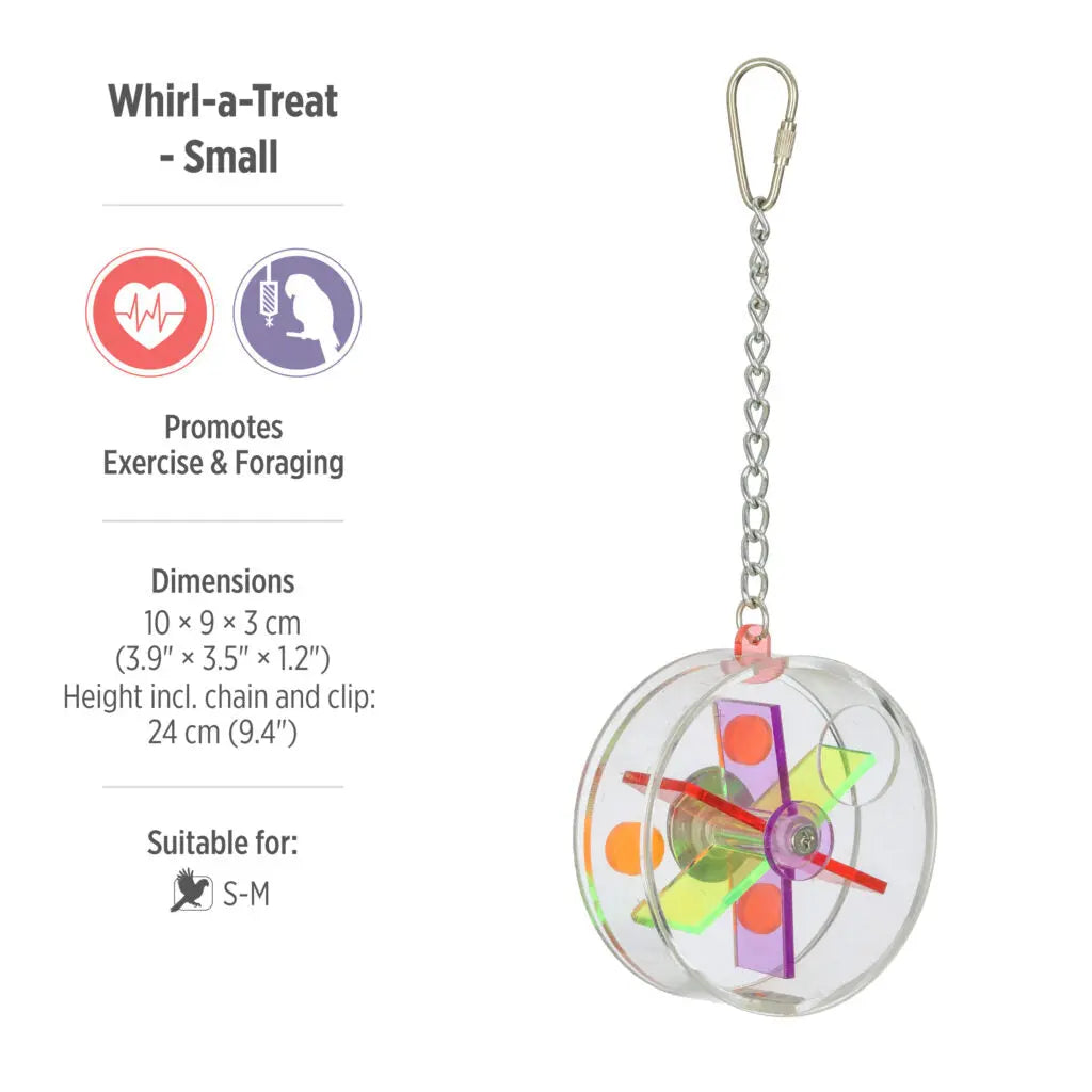 A small Whirl-a-Treat exercise wheel keychain shown on a white background with product text and icons. The clear spherical cage contains a multicolor wind-up fan with red, orange, yellow, green, and purple blades, attached to a silver chain and clip.