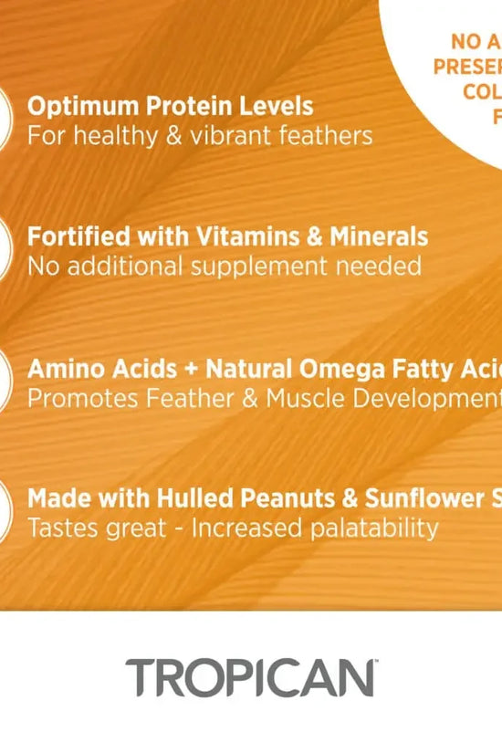 Promotional graphic for Tropican chicken feather meal, featuring four key benefits with icons on a textured orange background: optimum protein levels, fortified with vitamins and minerals, amino acids plus natural omega fatty acids, and made with hulled peanuts and sunflower seeds. The Tropican brand name is displayed at the bottom.