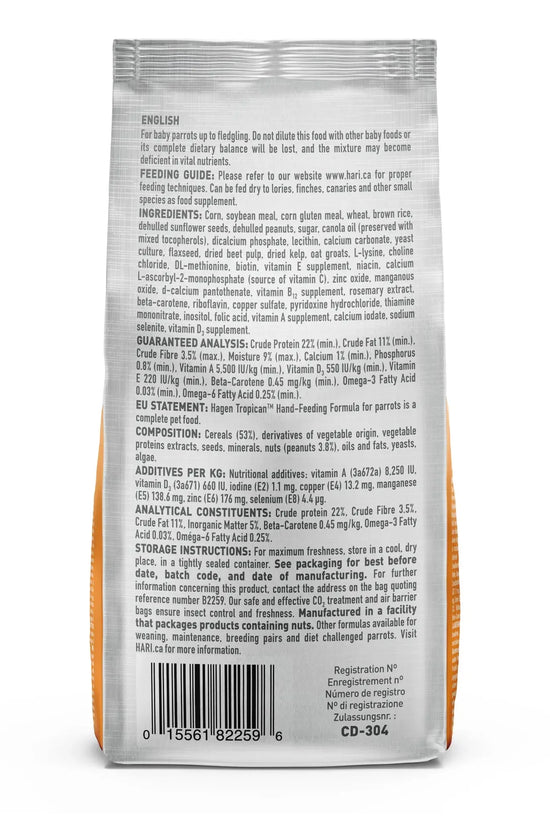 Back of a baby food packaging with text and bar code on a white background