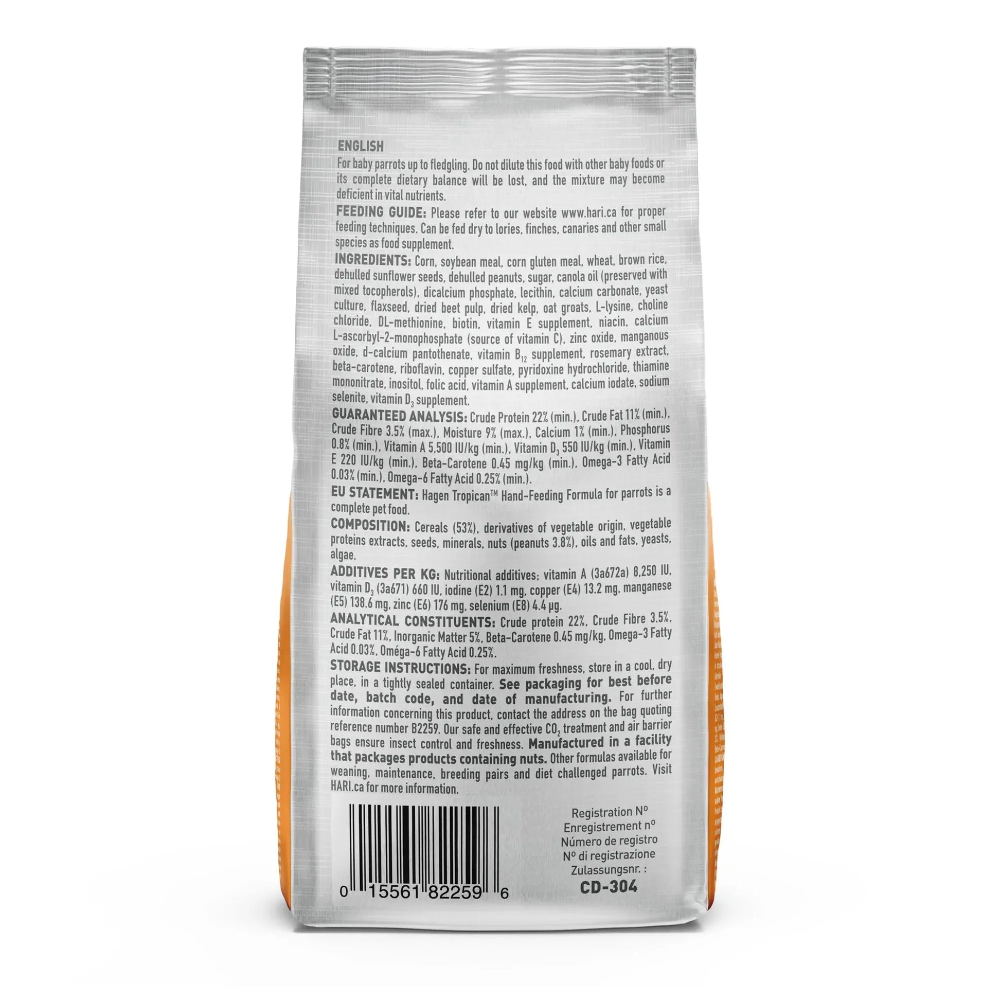 Back of a baby food packaging with text and bar code on a white background