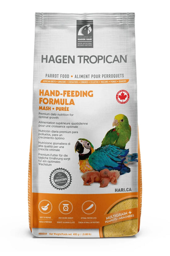 A bag of Hagen Tropican Hand-Feeding Formula for Harlca (Mash + Puree) parrots, featuring a white and orange package with illustrations of a green and blue parrot and a baby parrot.