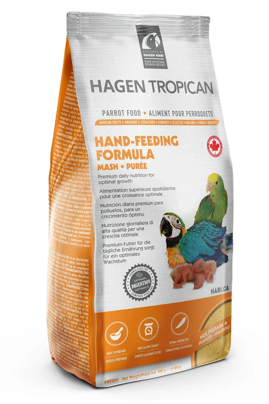 Hagen Tropican parrot food package on a white background