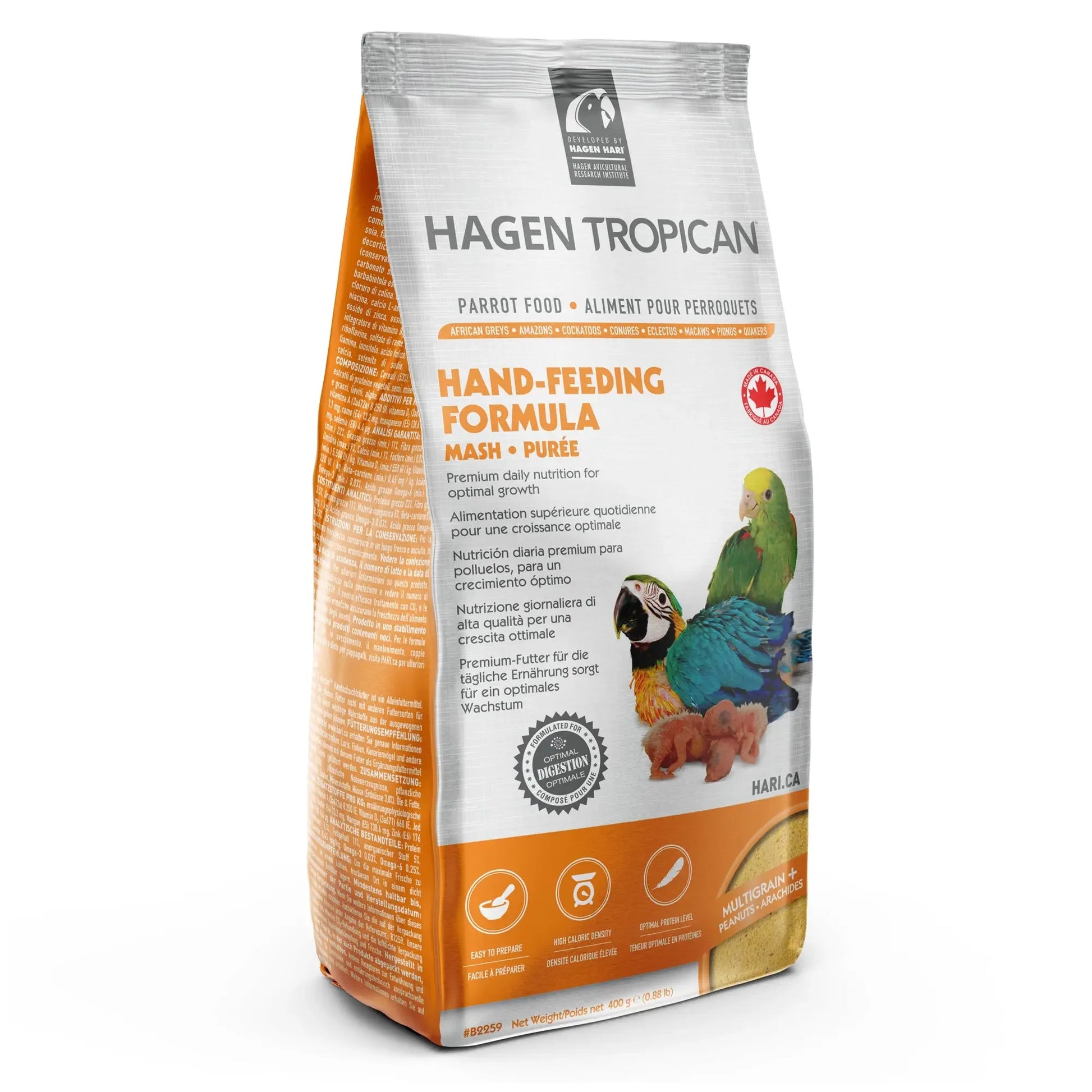 Hagen Tropican parrot food package on a white background