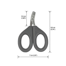 Gray bird nail clippers with measurements for precise grooming