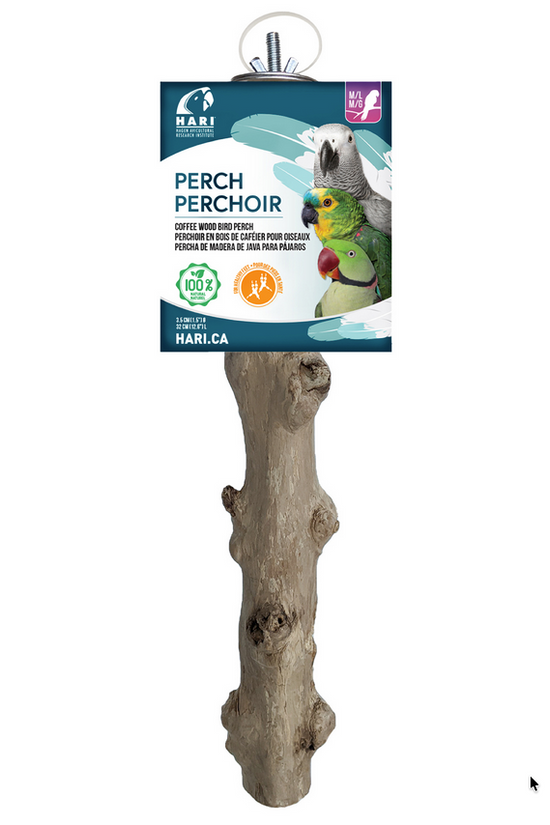 Bird perch with HARI branding on a white background
