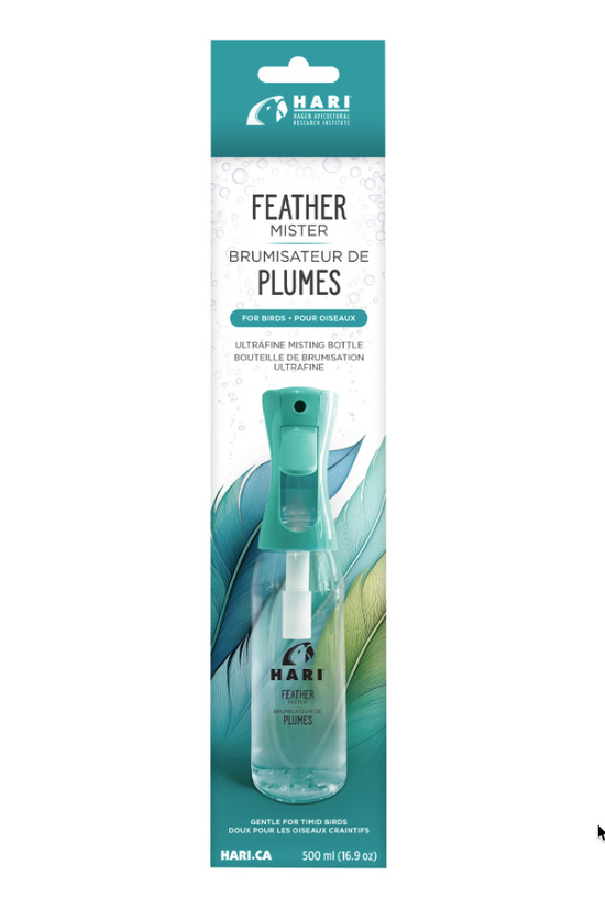 Packaging of a feather mister with HARI branding on a white background
