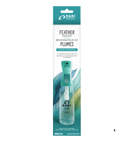 Packaging of a feather mister with HARI branding on a white background