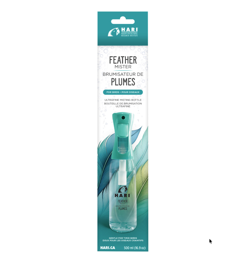 Packaging of a feather mister with HARI branding on a white background