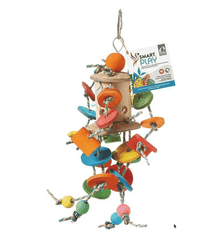 HARI Coconut Merry-Go-Round parrot toy with colorful pinewood blocks and coconut center for mental and physical enrichment