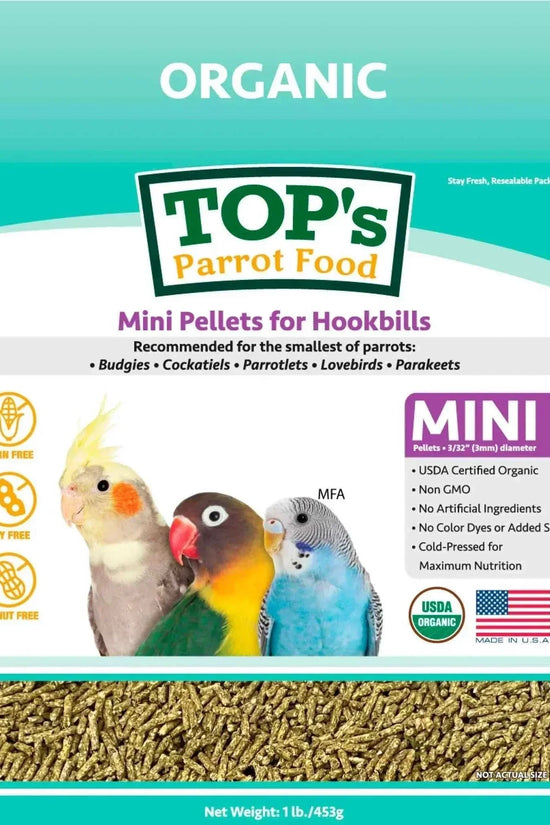 TOP's Parrot Food Mini Pellets 1 lb USDA organic bird food for small parrots in resealable bag