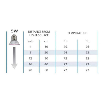 5W bird heat lamp temperature chart showing distance vs. °F/°C for safe avian care