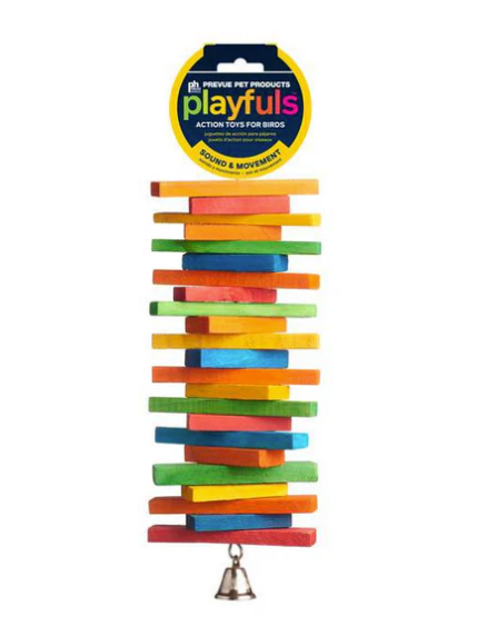 Colorful bird toy with a bell on a white background, branded as Playfuls.