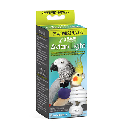 Avian Light 26W UVB5.0/UVA25 bulb for caged birds, supporting tetrachromatic vision with vibrant parrot imagery.