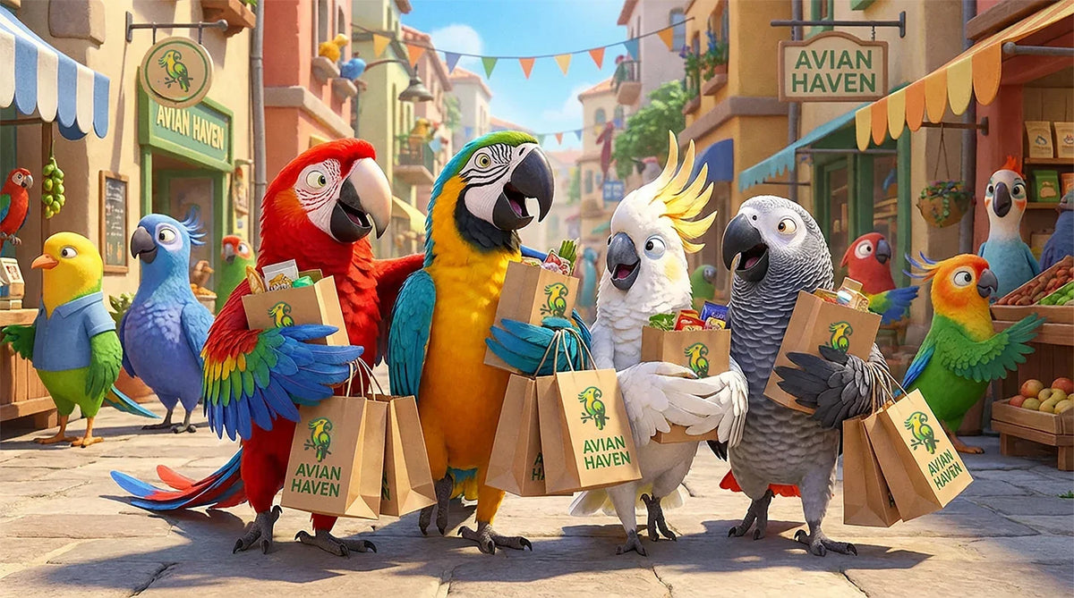 Colorful parrots shopping with Avian Haven bags on a sunny street, carrying bird toys, food, and accessories.