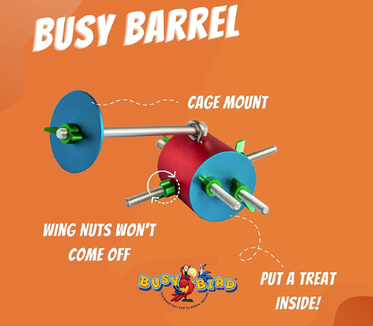 Busy Barrel product with cage mount on an orange background