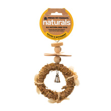 Natural woven bird toy with wooden flower, bell, and hanging clip for parrot play and enrichment