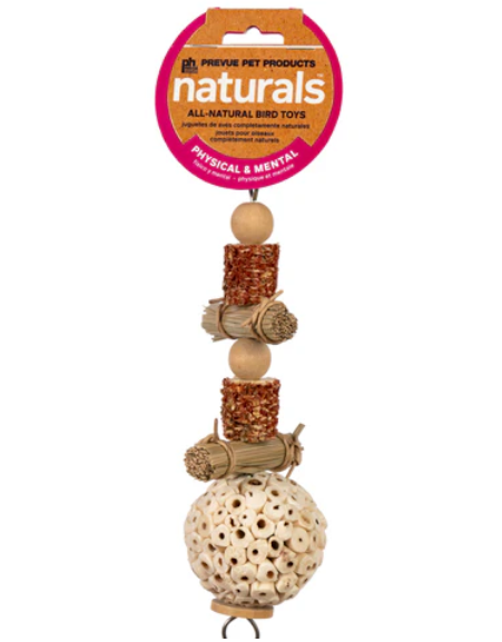 Bird toy with natural elements on a white background, featuring Prevue Pet Products naturals branding.