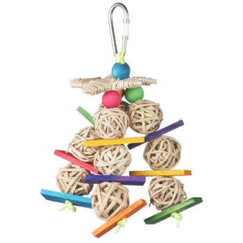 Bird toy with colorful sticks and beads on a white background