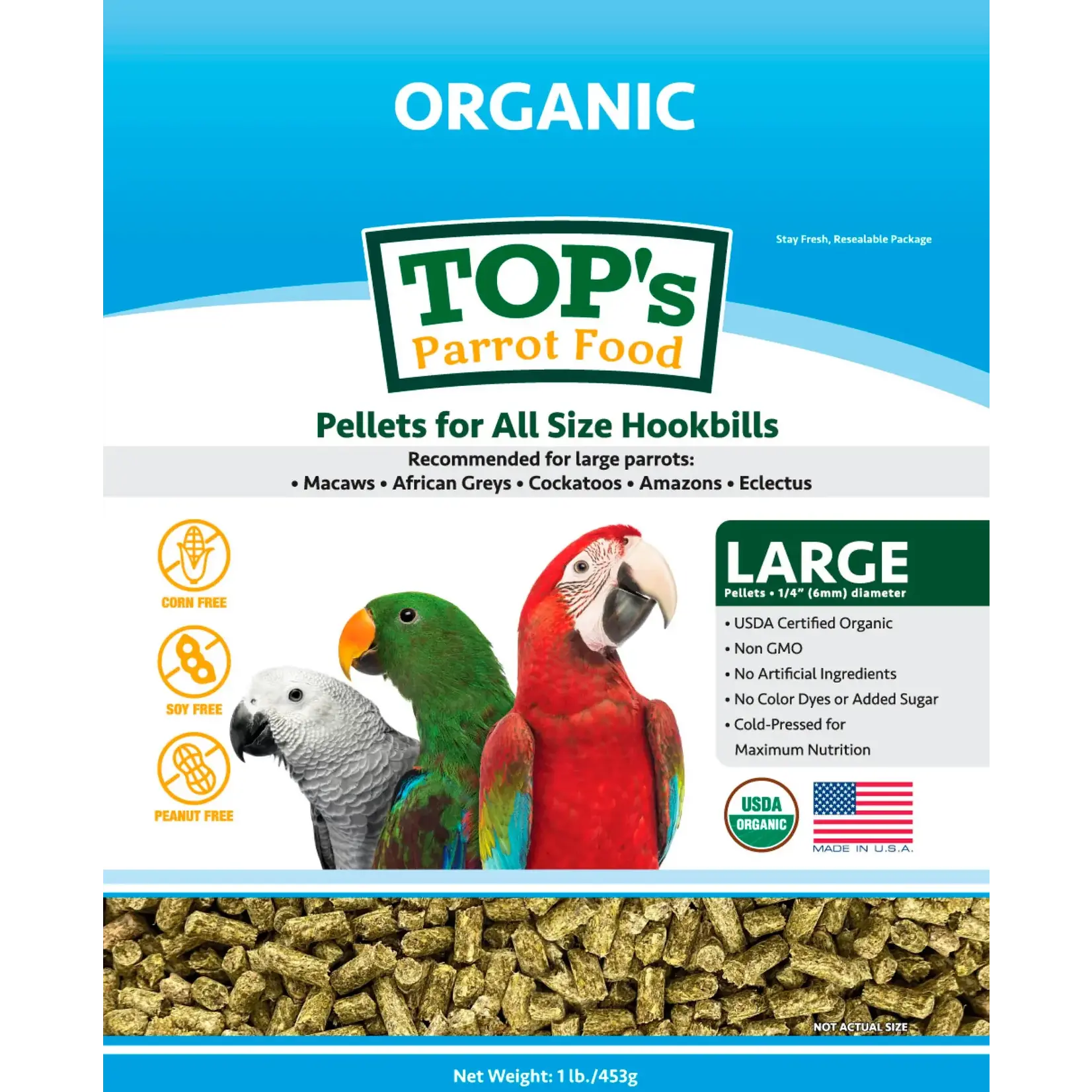 Top's Parrot Food package for all size hookbills with parrots on the label.