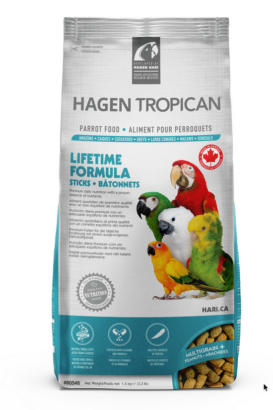 Hagen Tropican parrot food package with colorful parrot illustrations on a white background