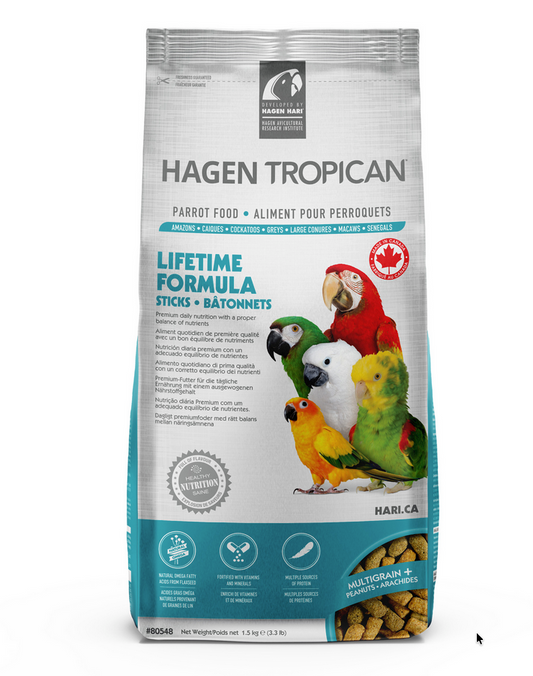 Hagen Tropican parrot food package with colorful parrot illustrations on a white background
