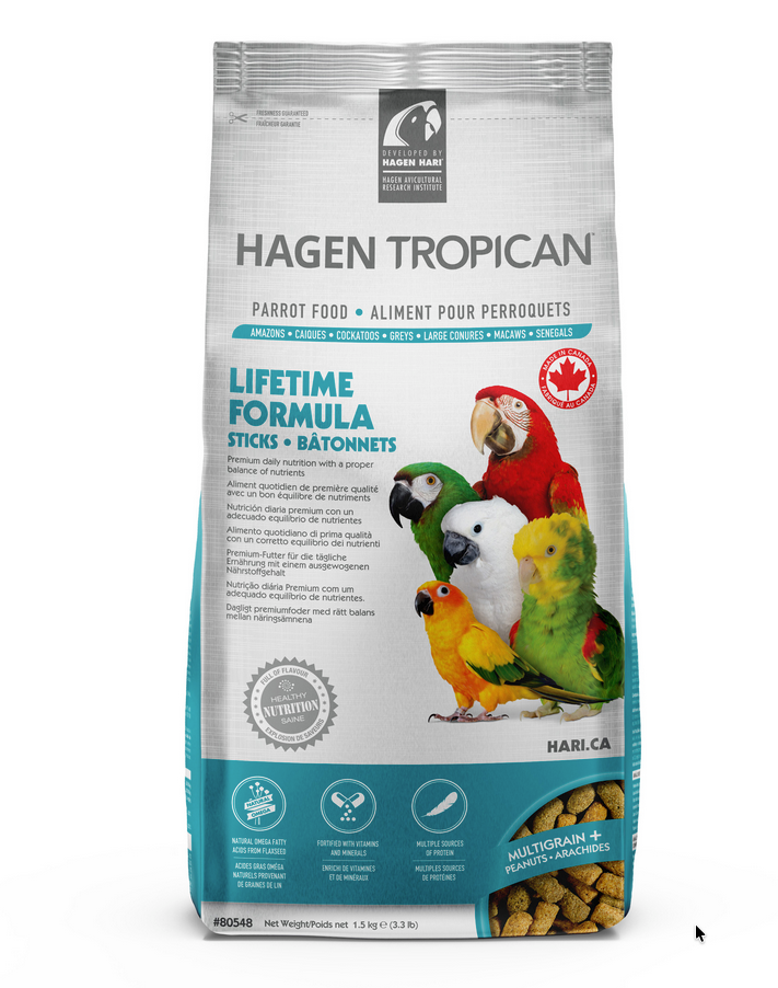 Hagen Tropican parrot food package with colorful parrot illustrations on a white background